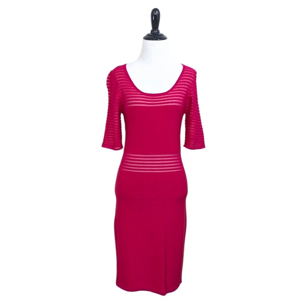New BEBE Bold Pink Stretchy Shadow Stripe Knit Fitted Dress - Size Medium Womens